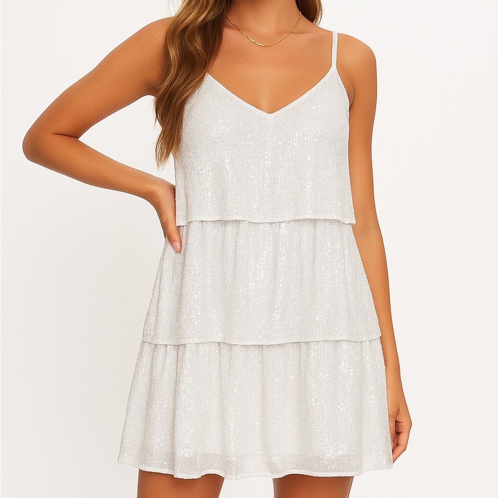 Women’s White Glitter Sequin Tiered Mini Dress V Neck Adjustable Strap L New